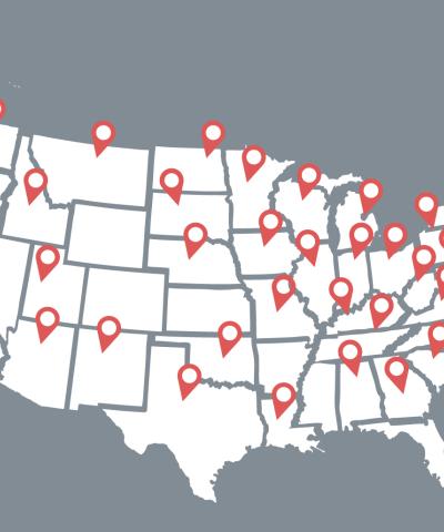 White map with red pins in 42 states where the Center has worked in the past year