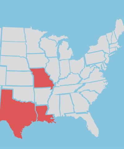 Map of United States with Price of Justice grantee states in red (California, Louisiana, Missouri, Texas, and Washington)