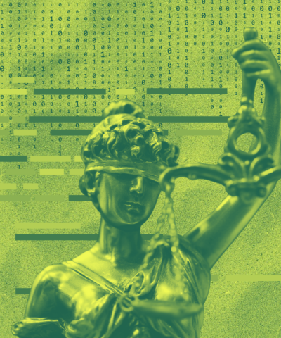 Lady Justice blindfolded holding up scales surrounded by binary 0's and 1's and redacted text.