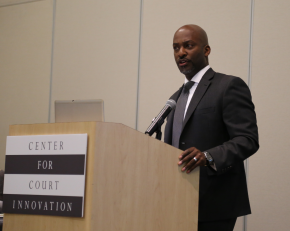 Alameda County Chief Public Defender Brendon Woods delivering his keynote address.