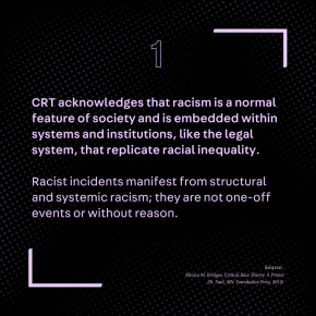 CRT acknowledges that racism is a normal feature of society and is embedded within systems and institutions, like the legal system, that replicate racial inequality. Racist incidents manifest from structural and systemic racism; they are not one-off events or without reason. Source: Khiara M. Bridges, Critical Race Theory: A Primer (St. Paul, MN: Foundation Press, 2019)