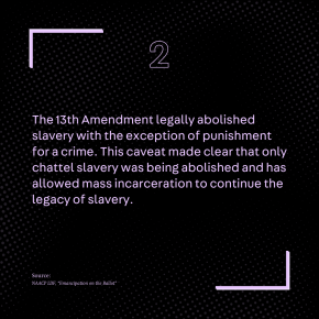 The 13th Amendment legally abolished slavery with the exception of punishment for a crime. This caveat made clear that only chattel slavery was being abolished and has allowed mass incarceration to continue the legacy of slavery. Source: NAACP LDF, “Emancipation on the Ballot”