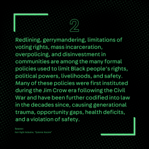 Redlining, gerrymandering, limitations of voting rights, mass incarceration, overpolicing, and disinvestment in communities are among the many formal policies used to limit Black people’s rights, political powers, livelihoods, and safety. Many of these policies were first instituted during the Jim Crow era following the Civil War and have been further codified into law in the decades since, causing generational trauma, opportunity gaps, health deficits, and a violation of safety. – Fair Fight Initiative