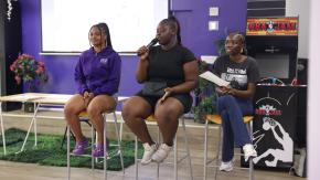 Three young Black women from our community programs in Brooklyn speak at a panel for the Women's Justice Commission's visit to the Brownsville Community Justice Center.