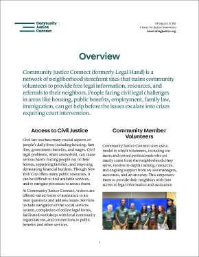 Community Justice Connect fact sheet cover with green and black text on white background