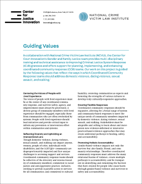 Cover of Guiding Values Fact Sheet with blue and black text on white background and three logos of partners