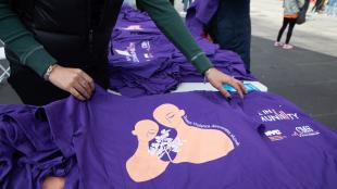 Woman holding out a purple shirt that reads "Domestic Violence Awareness Month" next to  representation of two women with a plant growing between them.