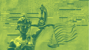 Lady Justice blindfolded holding up scales surrounded by binary 0's and 1's and redacted text.