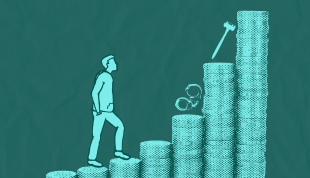 Cartoon illustration of man walking up increasingly steep stacks of coins with handcuffs and a gavel hovering above them.